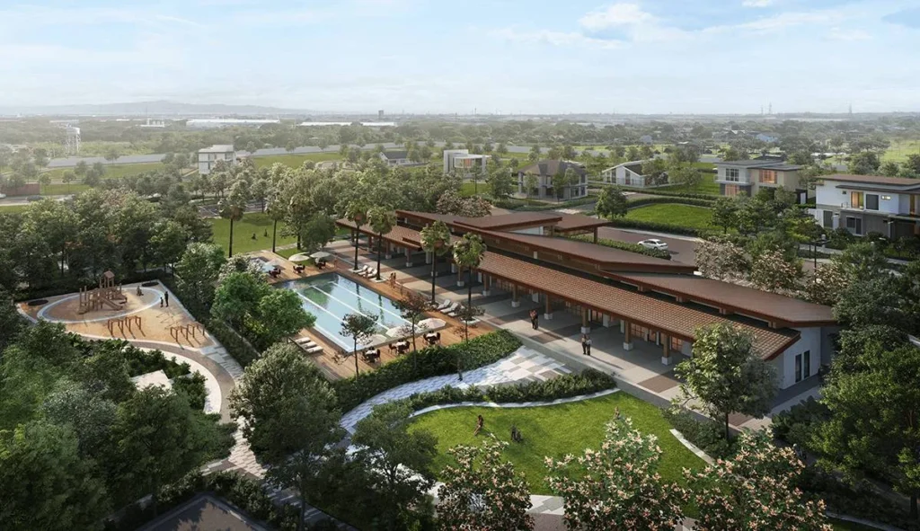 Meadowcrest clubhouse in an aerial view